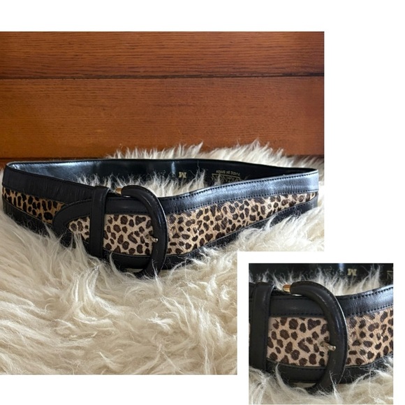 Black Leather/ Leopard Print Fur Wide Belt Made in Spain - Picture 1 of 5